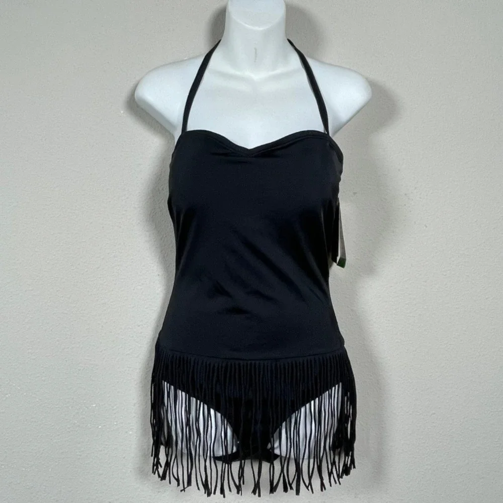 NWT‎ Coco Rave Fringe One Piece Swimsuit Women XL 38D Black Halter Tassel Boho